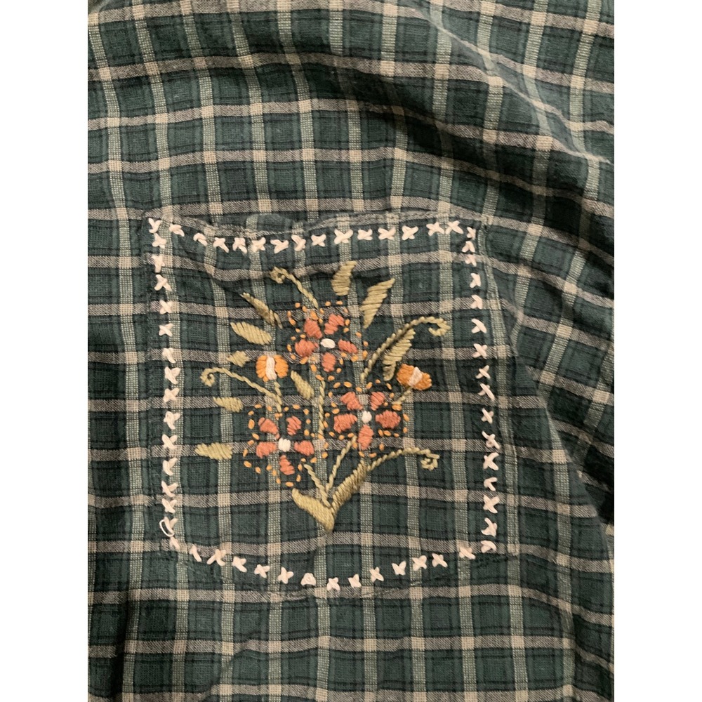 Cabin Creek Green Plaid Embroidered Floral Button Down Shirt 1X vintage - Picture 2 of 9